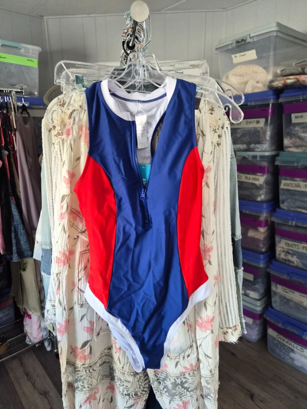 Red White and Blue Scuba Racerback Zip Swimsuit M